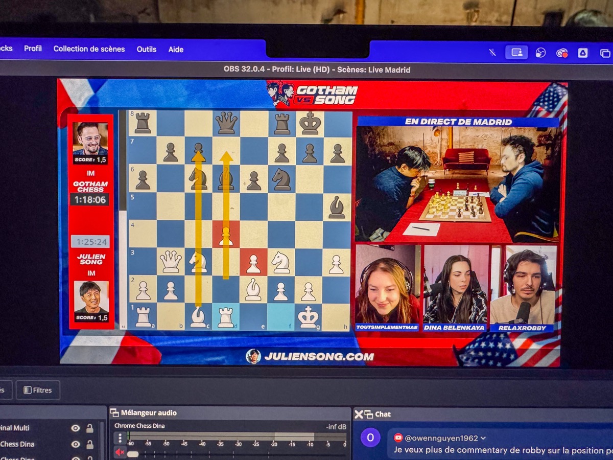 Écran OBS avec overlay live GothamChess vs Song en direct de Madrid